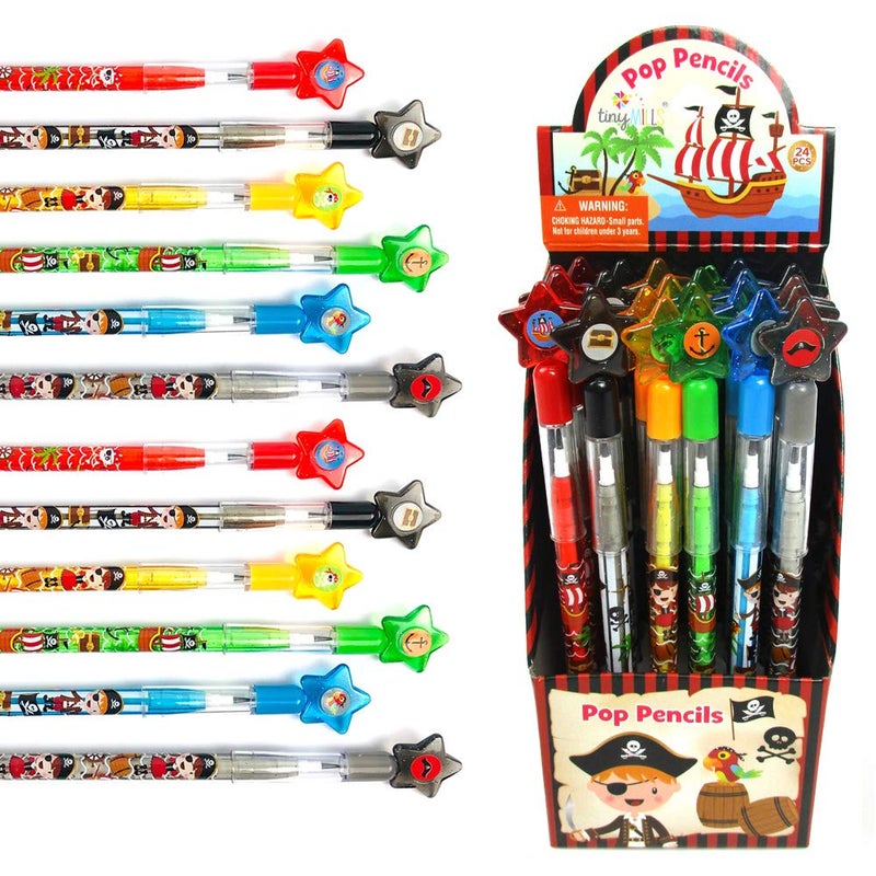 TINYMILLS 24 Pcs Pirate Multi Point Stackable Push Pencil Assortment with Eraser for Pirate Birthday Party Favor Prize Carnival Goodie Bag Stuffers Classroom Rewards Pinata Fillers - Image 1